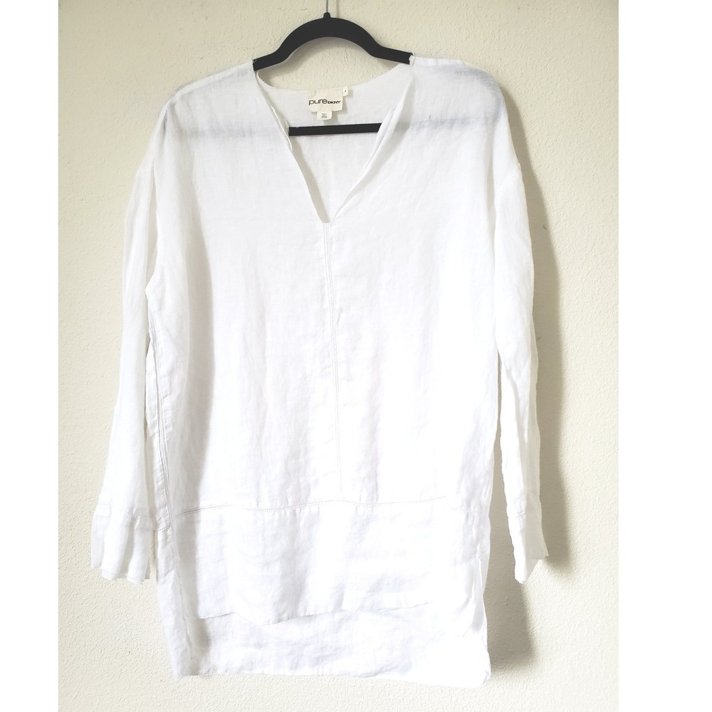 pure DKNY White Linen V-NECK Long Sleeve Tunic Top Women Small Designer Beach - Picture 9 of 9